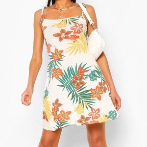 Boohoo Leaf Print Rib Tie Shoulder Swing Dress